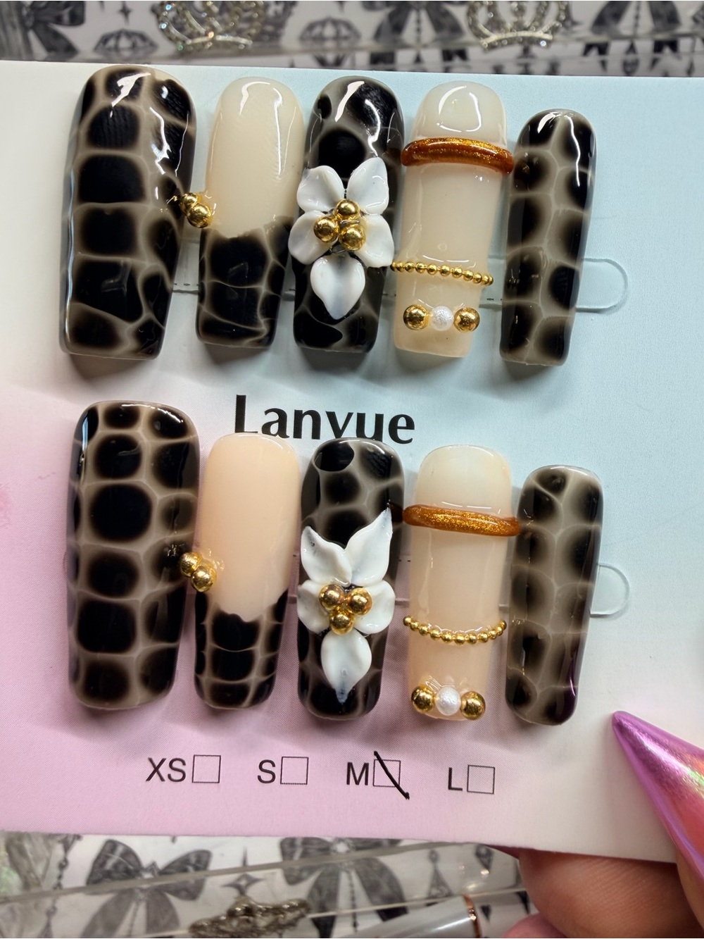 Black & Nude Floral Long Press-On Nail Set